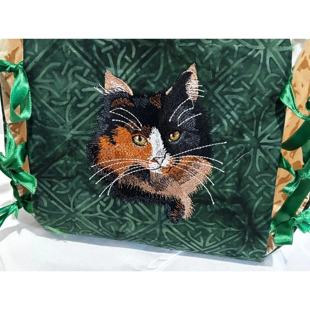 Handmade Embroidered Calico Tabby Kitten Cats Fabric Spoiled Toy Basket Ties 9x9